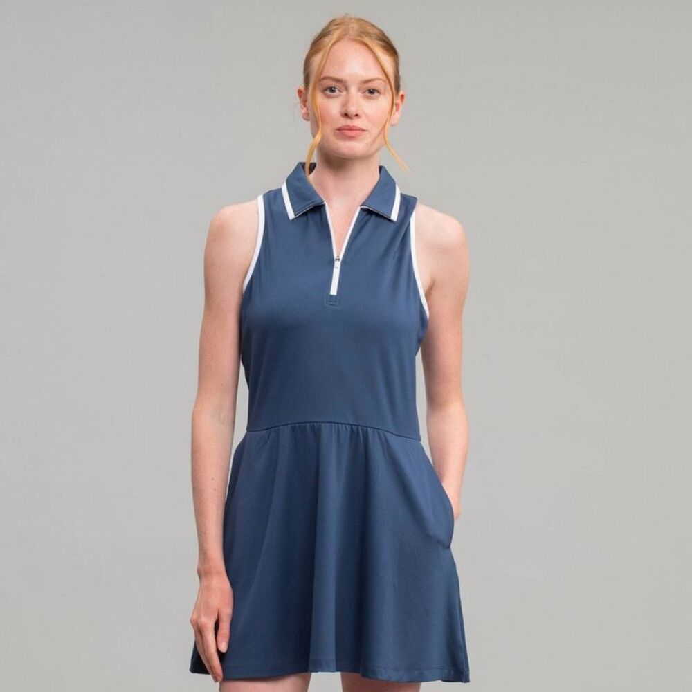 Women's Sleeveless Zip Polo Dress - Navy Blue/White M